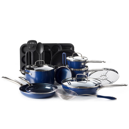 Blue Diamond 20 Piece Nonstick Cookware Set, Diamond Ceramic Pots & Pans, Dishwasher & Metal Utensil Safe, Non Toxic PFAS-Free, Kitchen Cooking Sauce & Saute Pans, Oven & Broiler to 600F, Blue