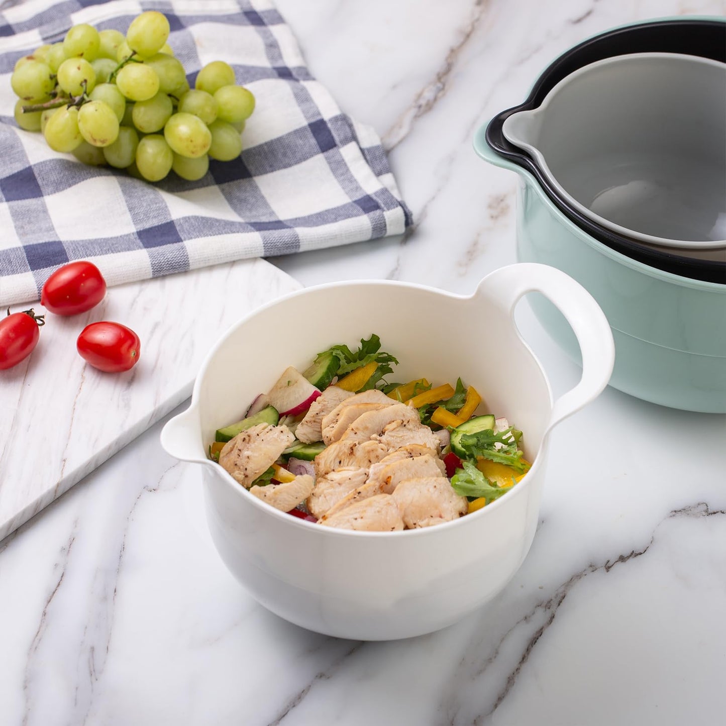 COOK WITH COLOR Nesting Plastic Mixing Bowl Set with Pour Spouts and Handles, Mint, 4 Piece Non-Slip