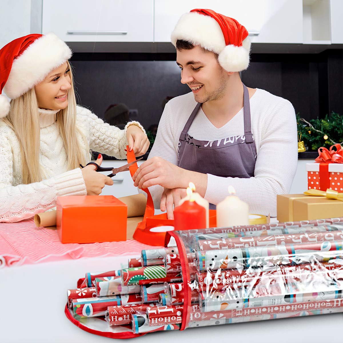 Primode Wrapping Paper Storage Bag, Gift Wrap Organizer, Fits 40 Inch Long Rolls, Hold Up to 24 Rolls, Heavy Duty Clear PVC Bag with Top and Side Handles (Red)