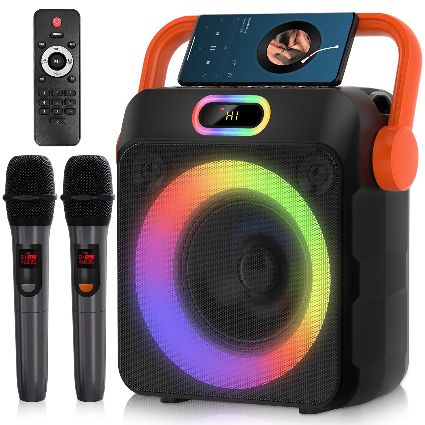 DFTRT Karaoke Machine with Two Wireless Microphones, Portable Karaoke Machine for Adults & Kids, Bluetooth Speaker with Bass/Treble Adjustment, PA System, LED Lights, Supports TF/USB, AUX in, FM, TWS