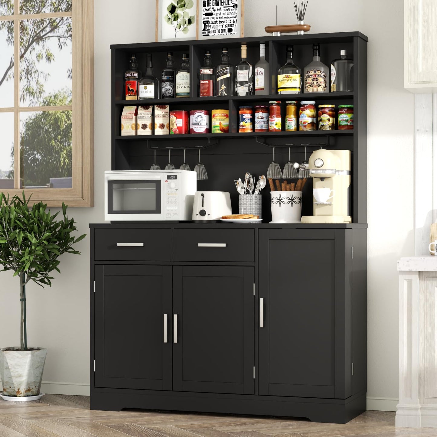 Kitchen Pantry Storage Cabinet with 2 Drawers, Tall Kitchen Hutch Cabinet with Microwave Shelf, Modern Buffet Cabinets with Goblet Holders, Food Pantry with Adjustable Shelves for Dining Room, Black