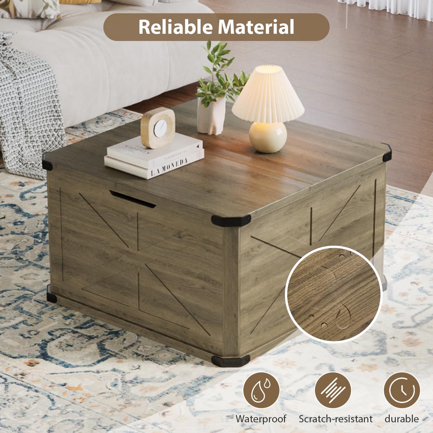 HOPUBUY Farmhouse Coffee Table with Hidden Storage - Rustic Wood Center Table for Living Room, Metal Corner Reinforcement, Square Design with Flip-Top Compartment, Brown