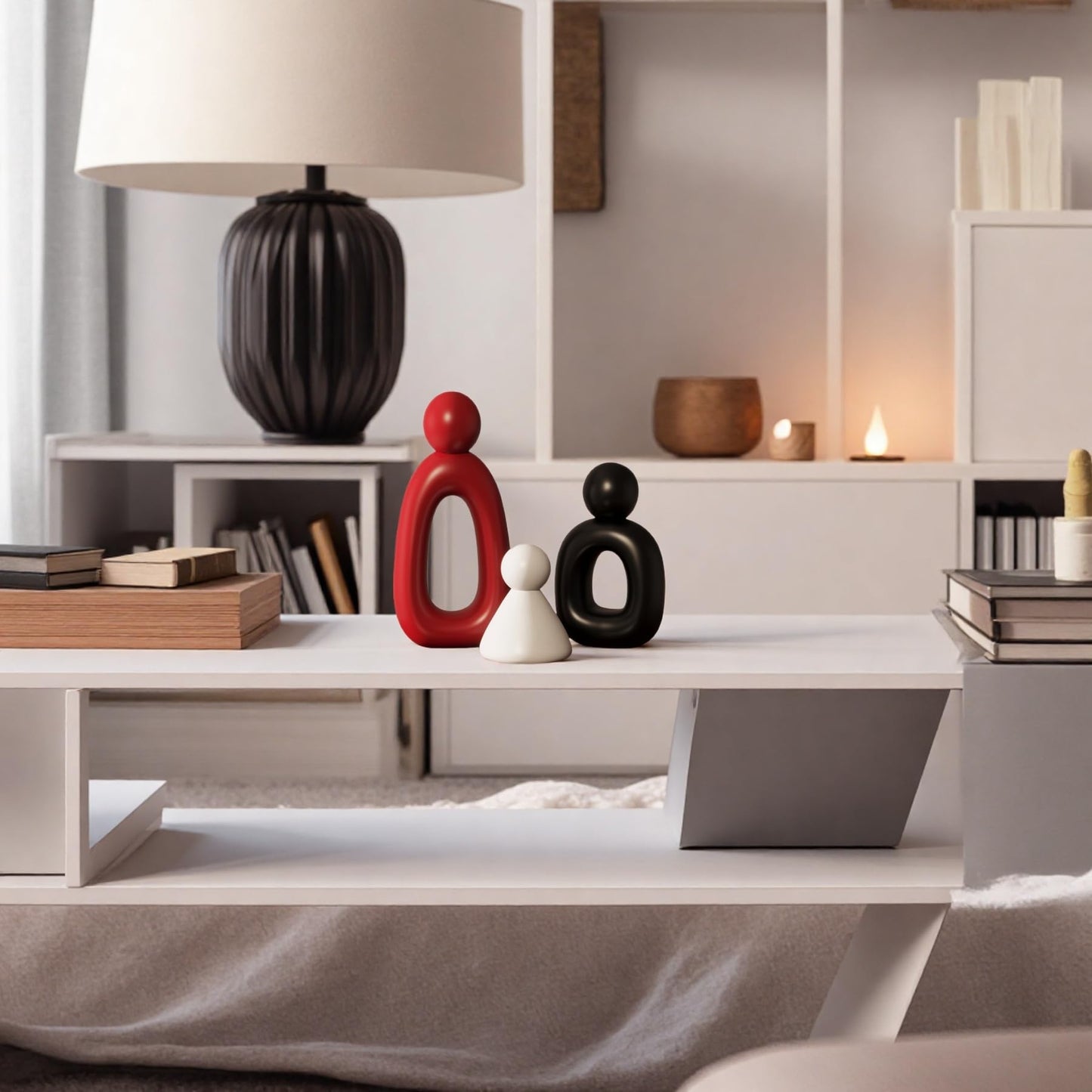 LNXMES White Family of 3 Sculptures Home Decor, Modern Statues Decor for Living Room, Abstract Art Family Figurines for Shelf Coffee Table Decorations, Gifts for Thanksgiving (White, Black and Red)