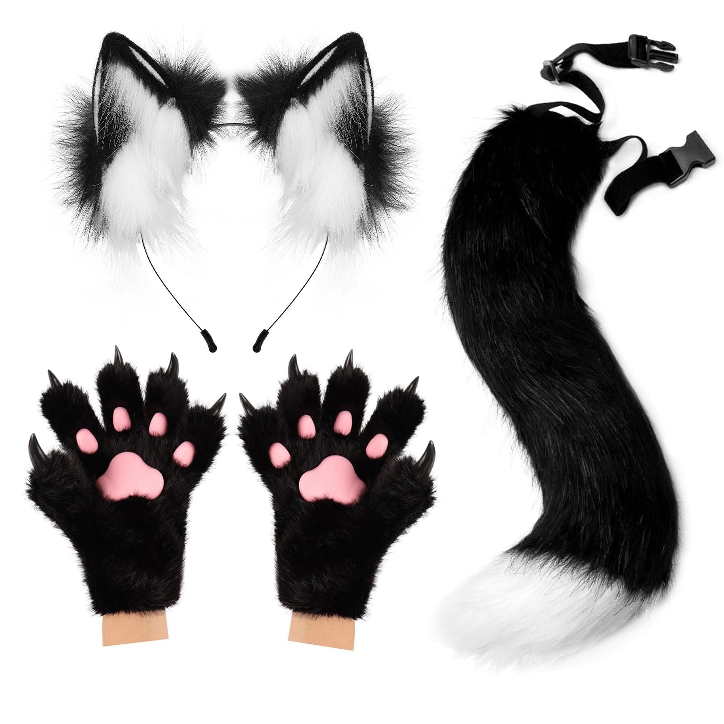 COSYEARS Fox Wolf Ears Headband Furry Tail Plush Cat Paw Mittens Gloves Set Halloween Party Costumes Accessories