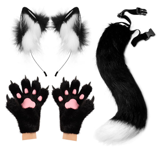 COSYEARS Fox Wolf Ears Headband Furry Tail Plush Cat Paw Mittens Gloves Set Halloween Party Costumes Accessories