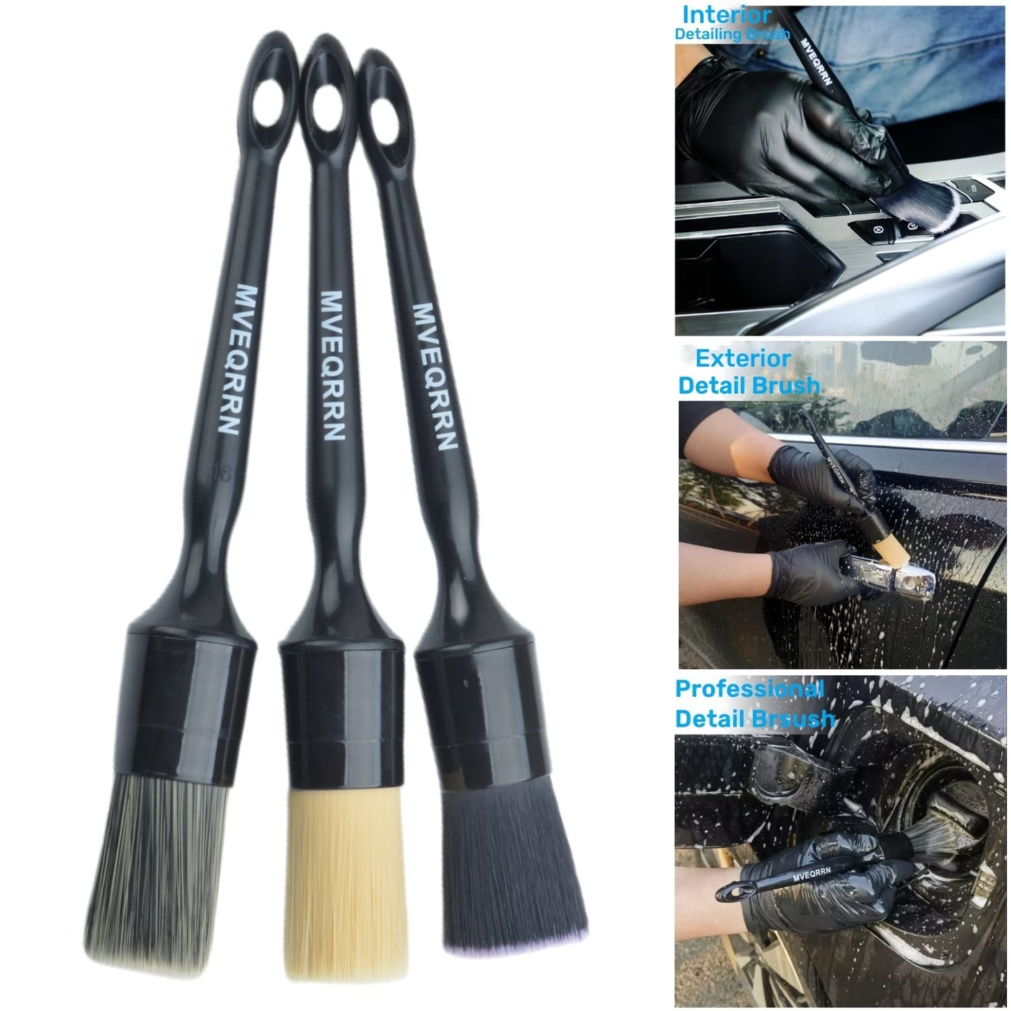 MVEQRRN 3pcs Car Detailing Brush Set-1pcs Boars Hair Car Detailing Brushes,1pcs Ultra Soft No Scratch Detailing Brush for Air Vent,Leather Seat 1pcs Detail Brushes car Detailing for Interior Exterior