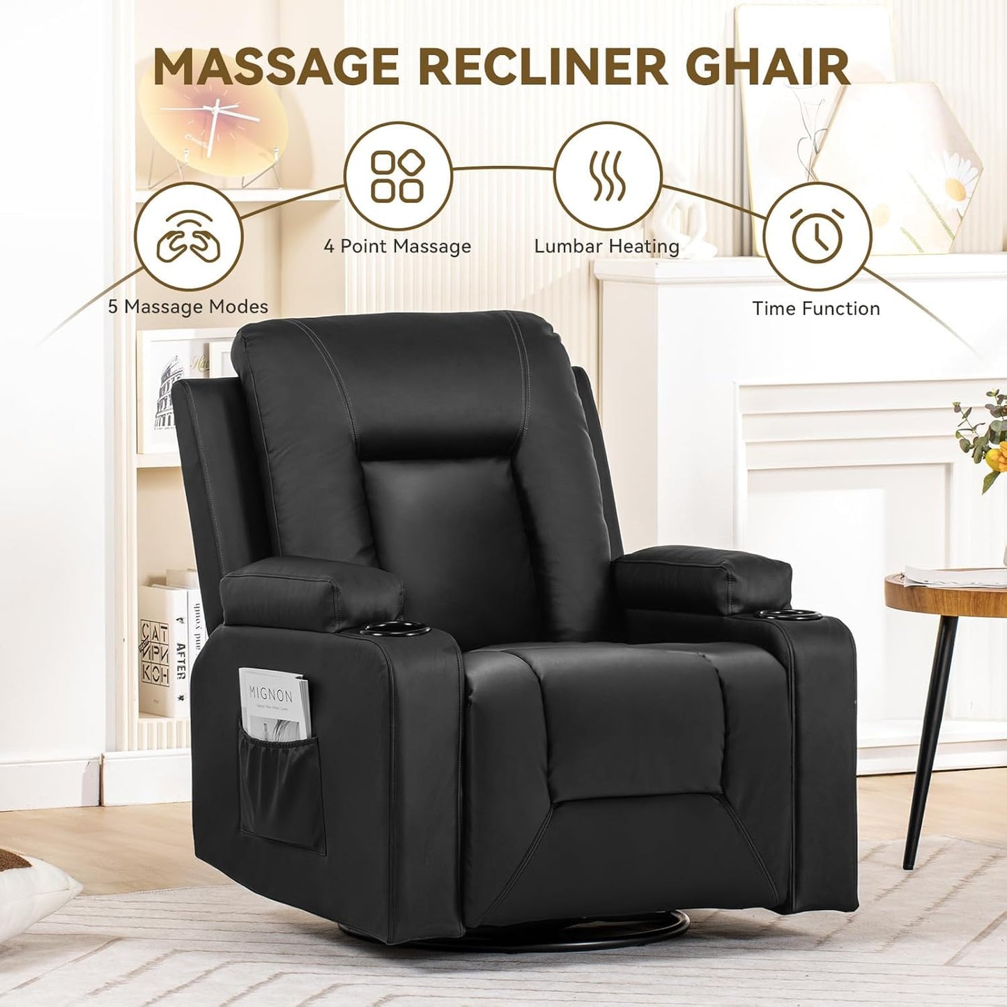 COMHOMA Recliner Chair, Swivel Rocker Recliners, Massage and Heat Reclining Chair, Reclining Sofa with Side Pockets, Cup Holders for Living Room, Bedroom (Black)