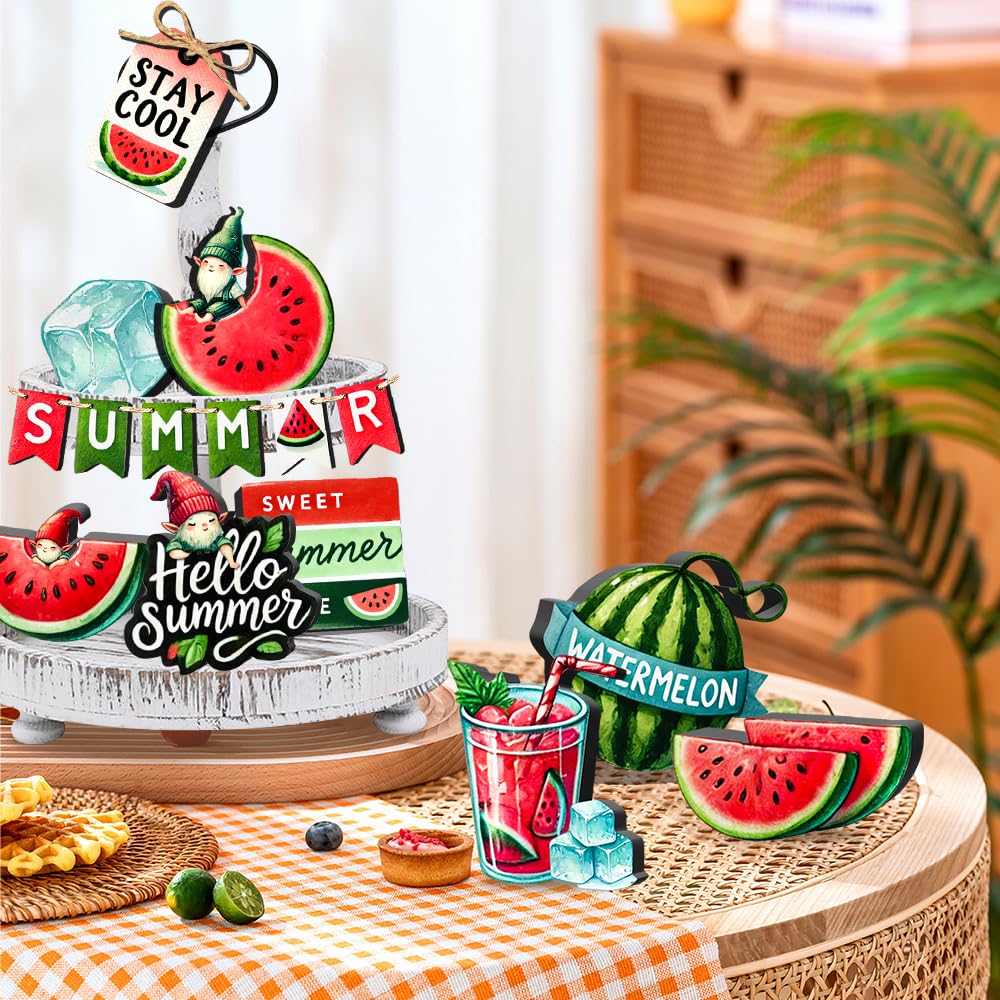 16 Pcs Summer Watermelon Decor - Wooden Farmhouse Tiered Tray Decorations Set, Watermelon Gnome Tiered Tray Decor, Summer Decorations for Home, Room, Table, Party, Kitchen, Office