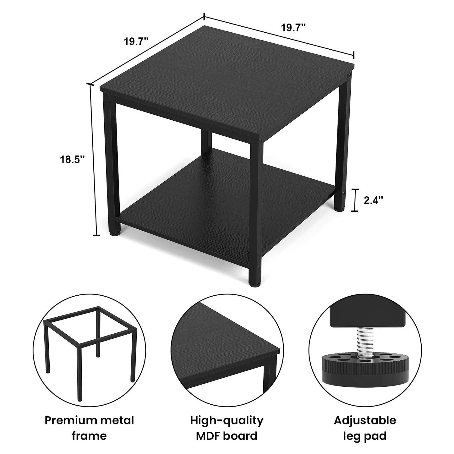 Homieasy Side Table 20 Inch Square, 2-Tier Coffee Tea End Table Nightstands for Sofa Couch Bed, Metal Wood Accent Modern Simple Industrial Style Side Table for Living Room Bedroom, Black