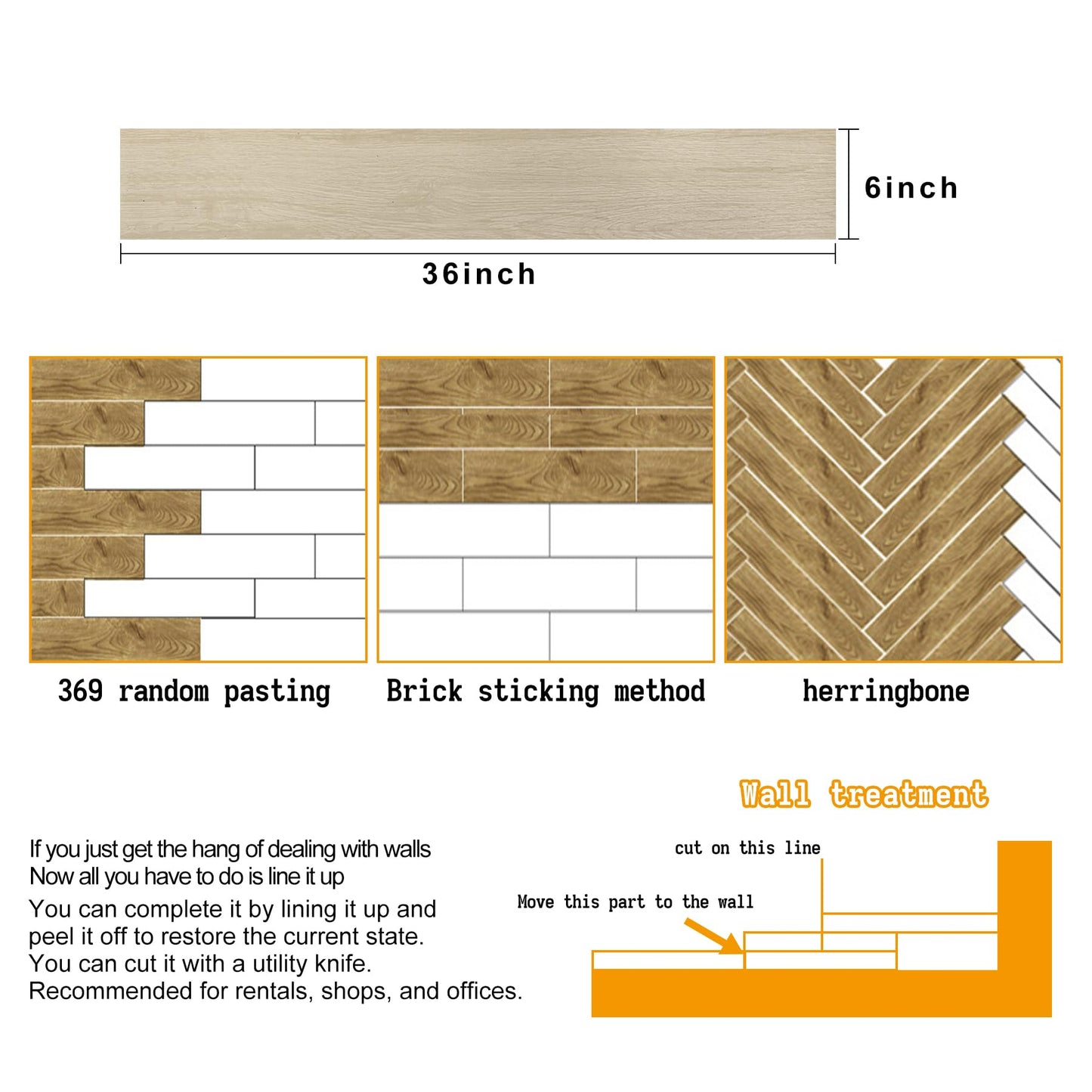 Peel and Stick Floor Tile，36×6in，Peel and Stick Flooring Easy to Install，Self Adhesive Waterproof, Scratch Proof for Rental Houses, bedrooms, Kitchens (36, 523, 36 x 6 inches)