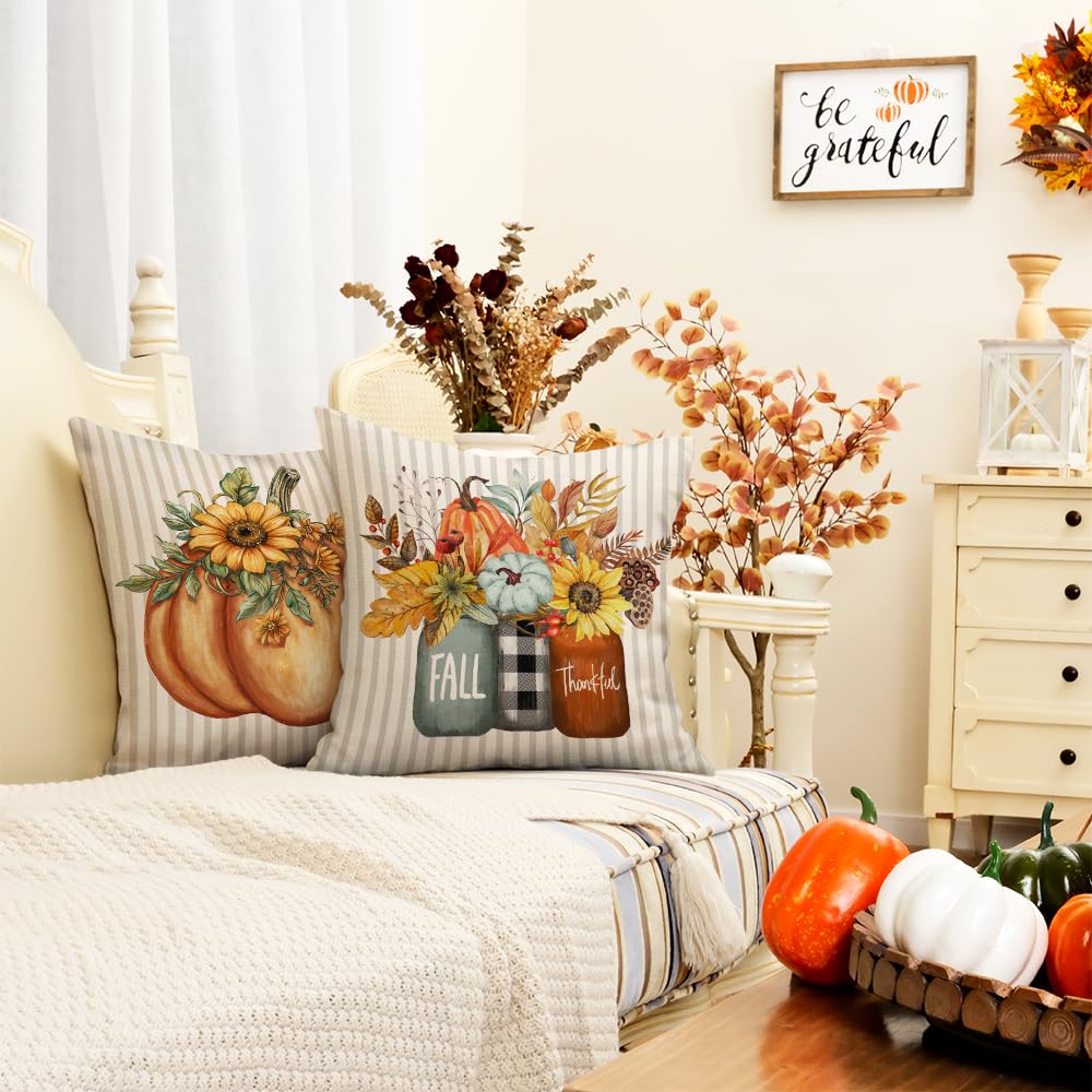 GEEORY Fall Pillow Covers 18x18 Inch Set of 4, Pumpkins Mason Jars Home Sweet Home Striped Seasonal Decorative Throw Pillows Farmhouse Autumn Thanksgiving Decorations for Home Decor (Orange)