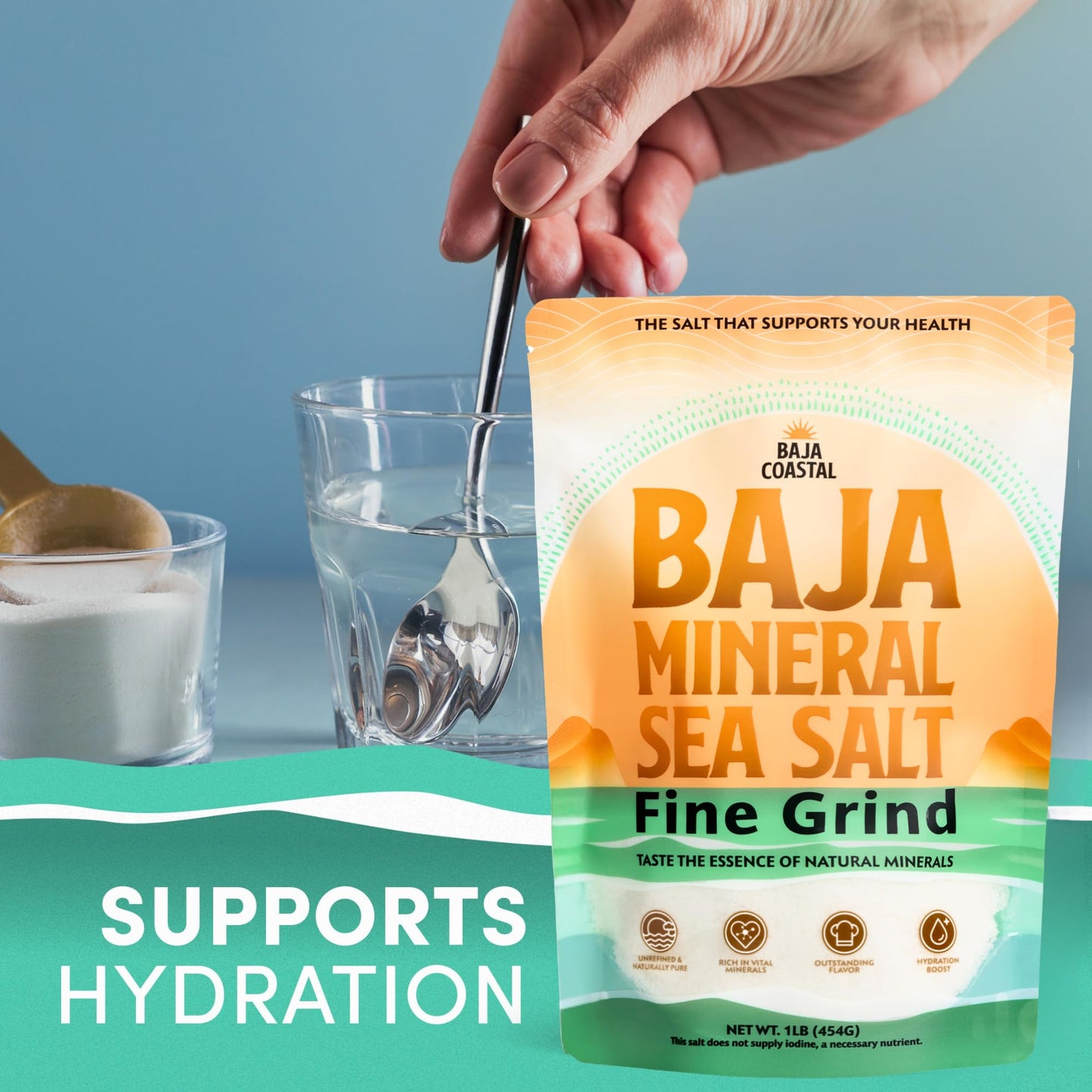 Baja Coastal - Baja Mineral Sea Salt, Fine Grind, 1lb - 16oz. 100% Organic & Unrefined, Rich in Essential Minerals, Low Sodium Salt, Perfect for Cooking, Plating, Hydration, and Grinding, Hand Harvested Crystals from the Sea of Cortez