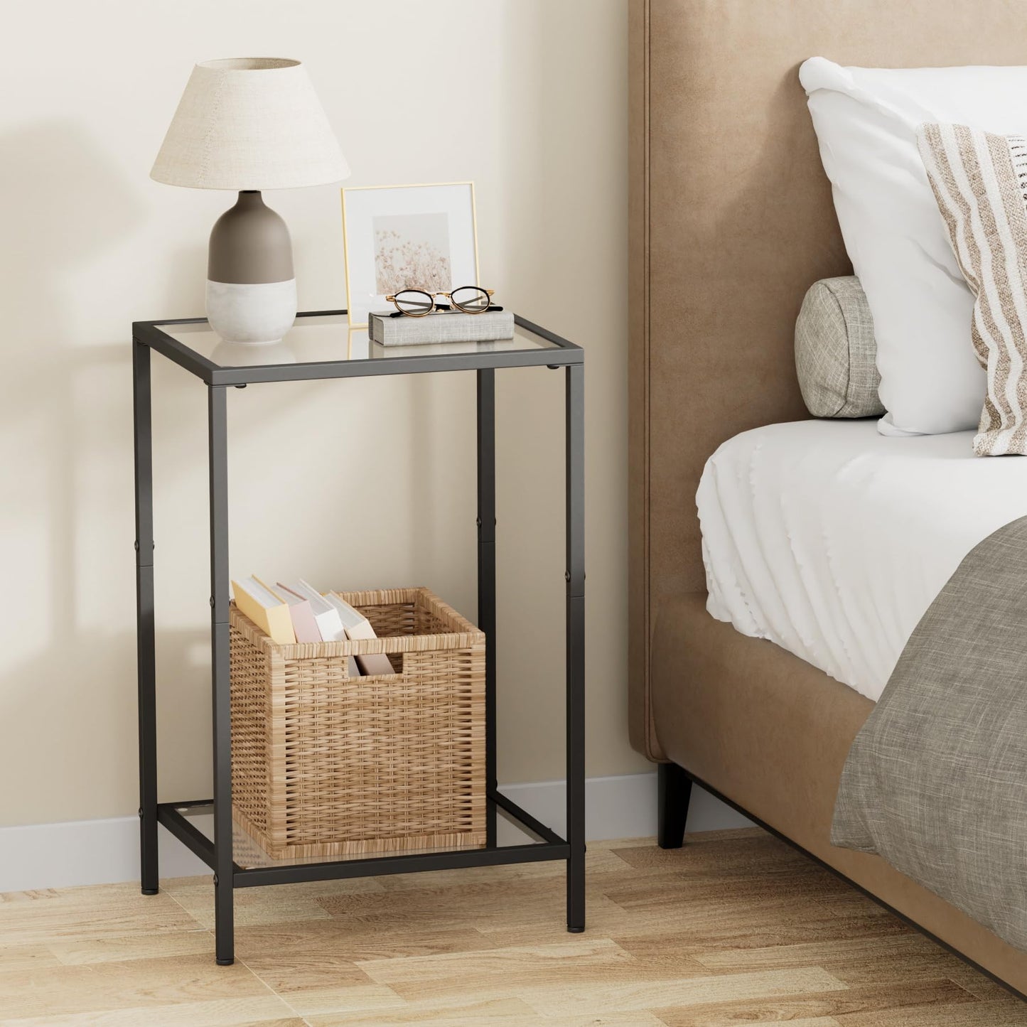 HOMSHO Side Tables Set of 2, End Tables with Tempered Glass, 2-Tier Nightstands with Storage Shelves, Coffee Table with Modern Style, Slim Sofa Table for Living Room, Bedroom, 11.8" D x 15" W, Black