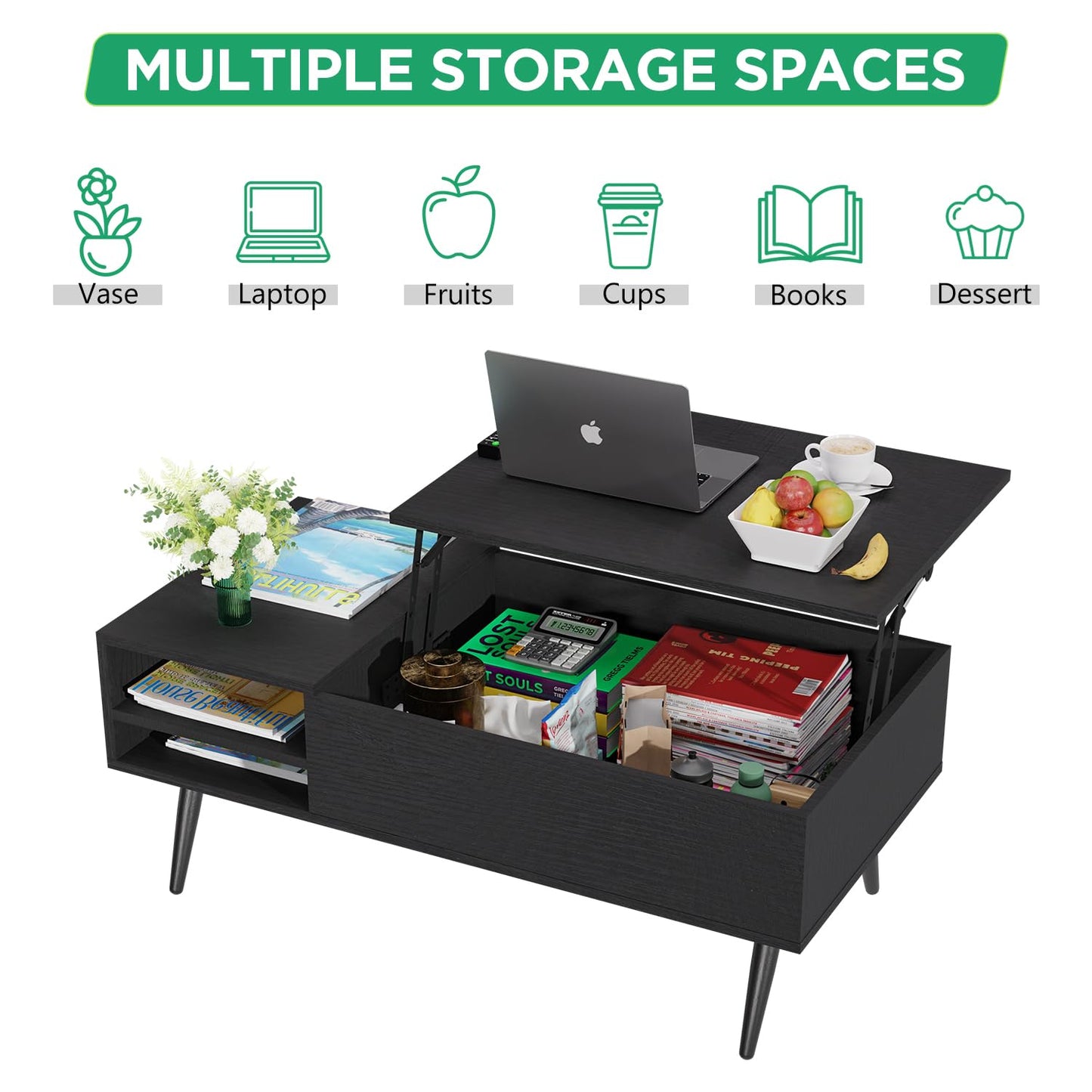 PayLessHere Lift Top Coffee Table with Adjustable Storage and Hidden Compartment Small Wood Coffee Table Center Table for Home Living Room Office Apartment Reception Room,Black