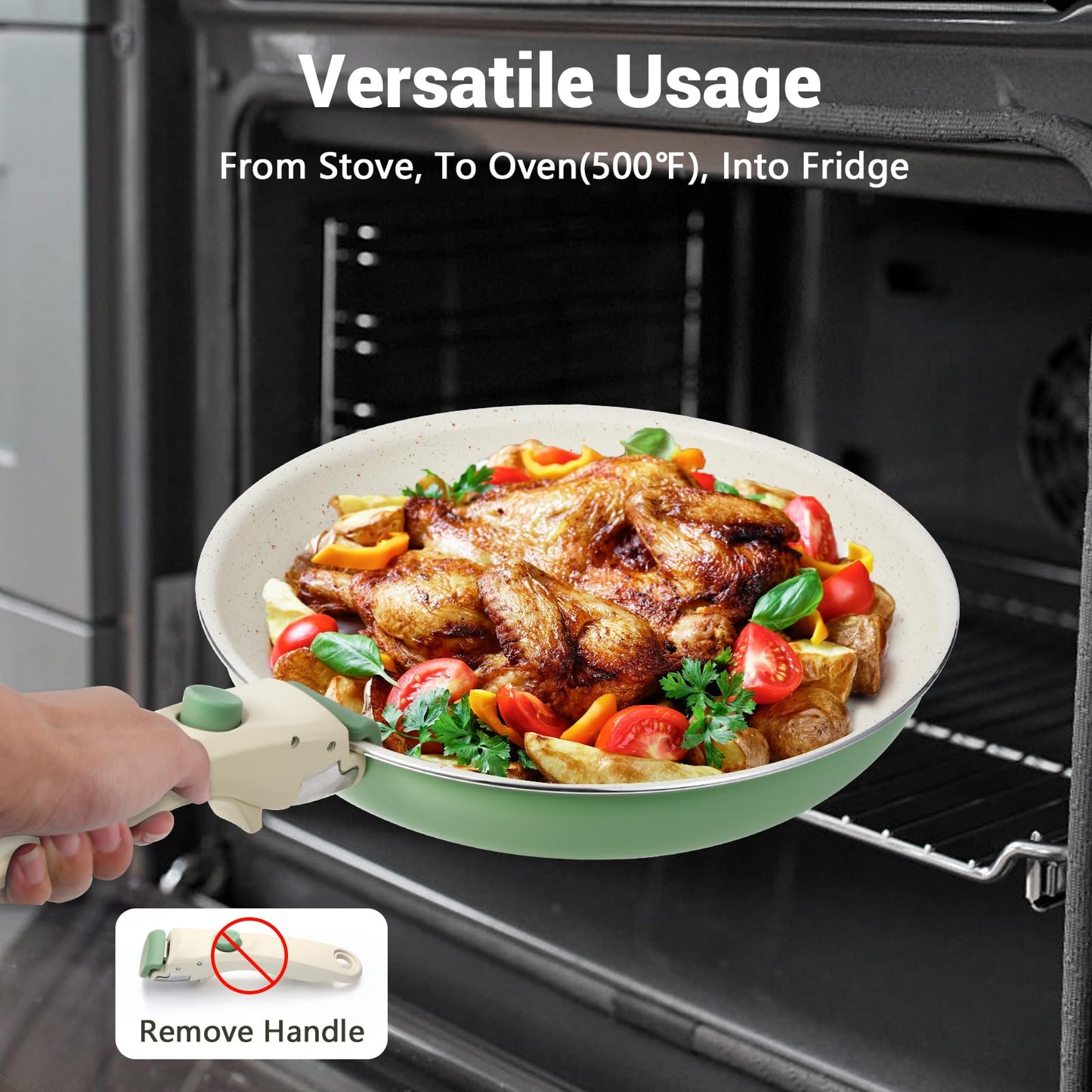 M MELENTA Pots and Pans Set Non Stick, 8pcs Granite Cookware Set, Detachable Handle Pots and Pans, Nonstick Induction Cookware with Removable Handle, Oven Safe RV Cooking Set, Green