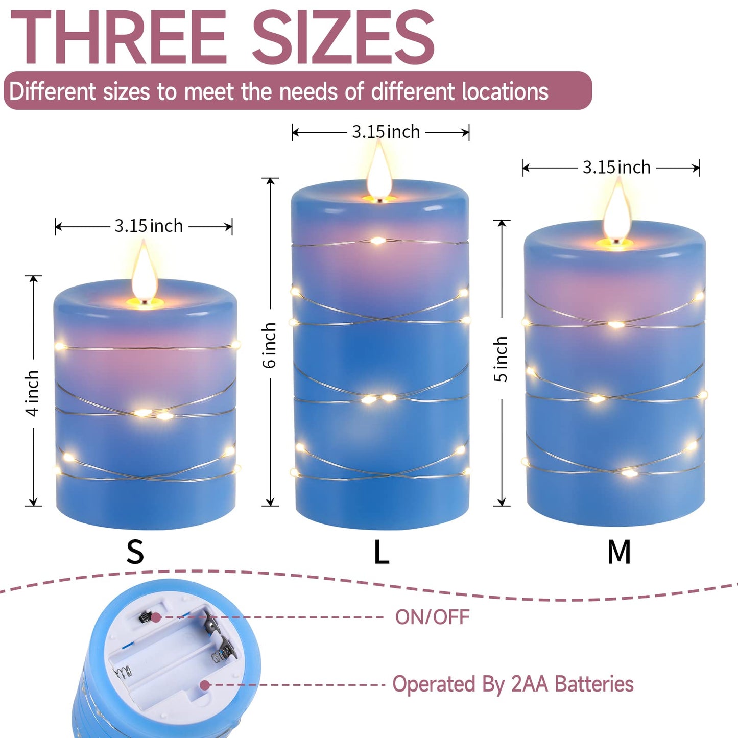 Da by Flameless Candles with String Lights，Battery Operated Candles,LED Flickering Candles with Remote Control and Timer, Real Wax, 3 Pack-Blue