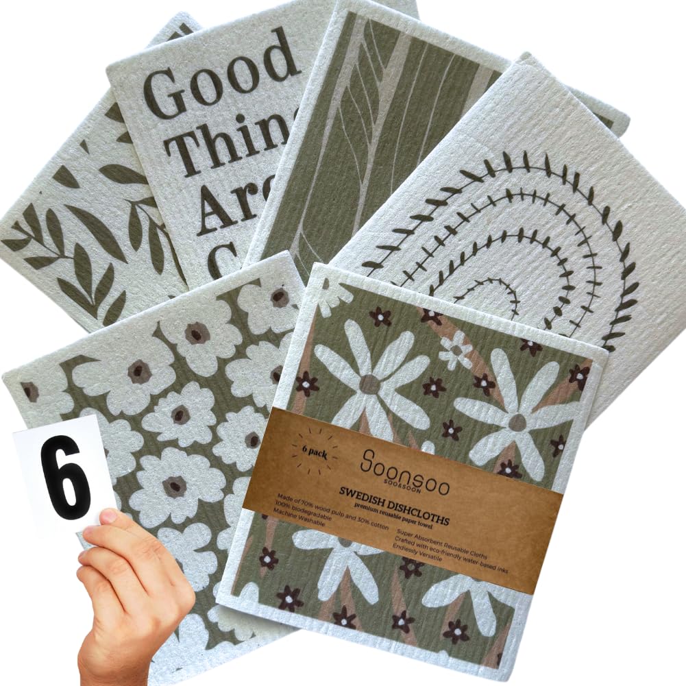 SOONSOO Swedish Dishcloths 6Pack Absorbent Eco-Friendly Reusable Cleaning Cloths for Kitchen - Multi-Purpose Machine Washable, Compostable, Quick Drying Zero Waste Cellulose Kitchen Cloths (Green)