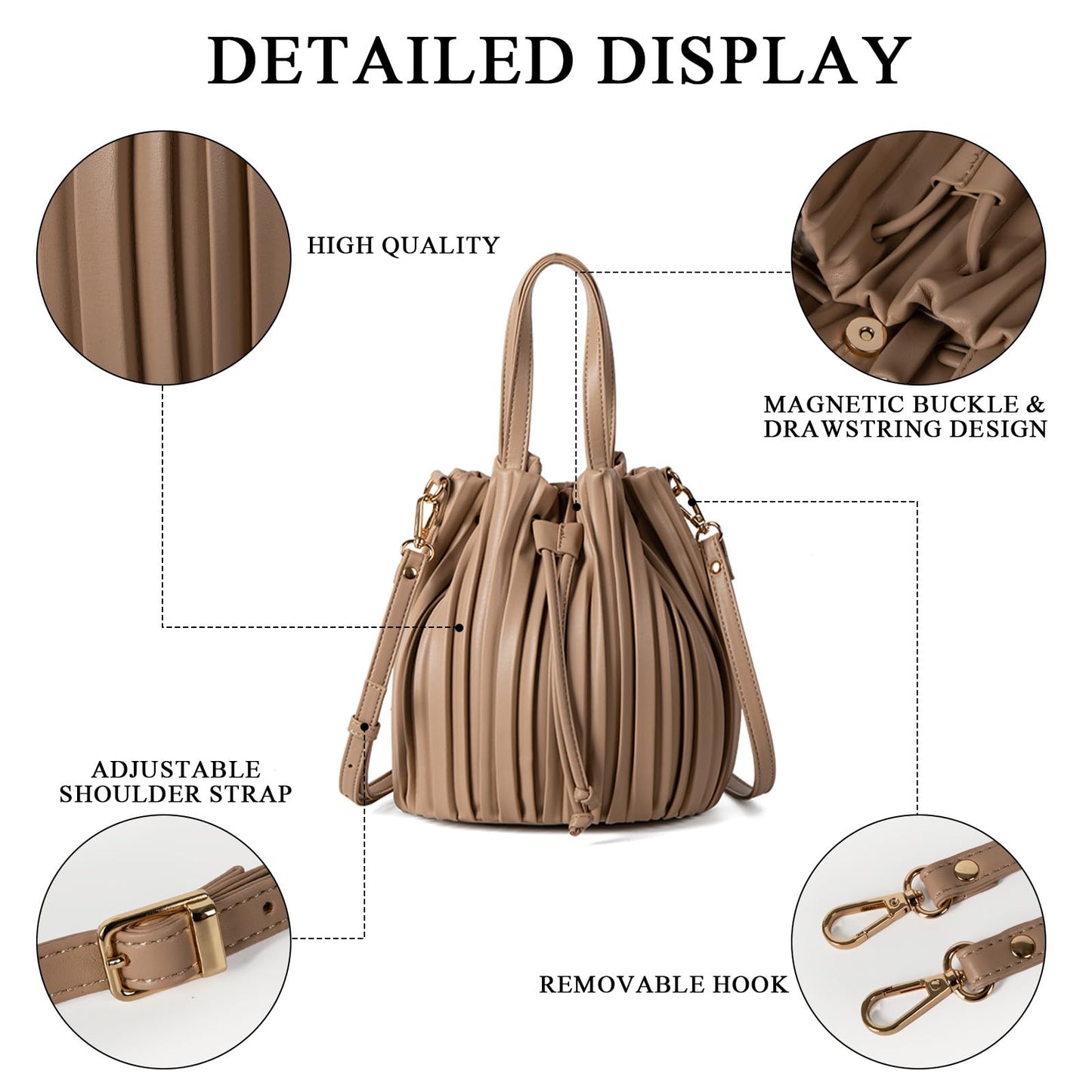Extolove Mini Faux Leather Bucket Bags for Women Drawstring Crossbody Bucket Bag Purses Pleated Shoulder Handbags (Apricot)