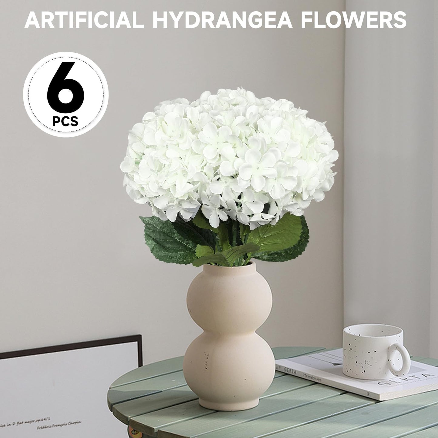 Subacy 6 PCS Artificial Hydrangea Flowers, Faux Silk Hydrangea with Long Stems, Home Wedding Decor, Table Centerpieces, Party Decorations(White)