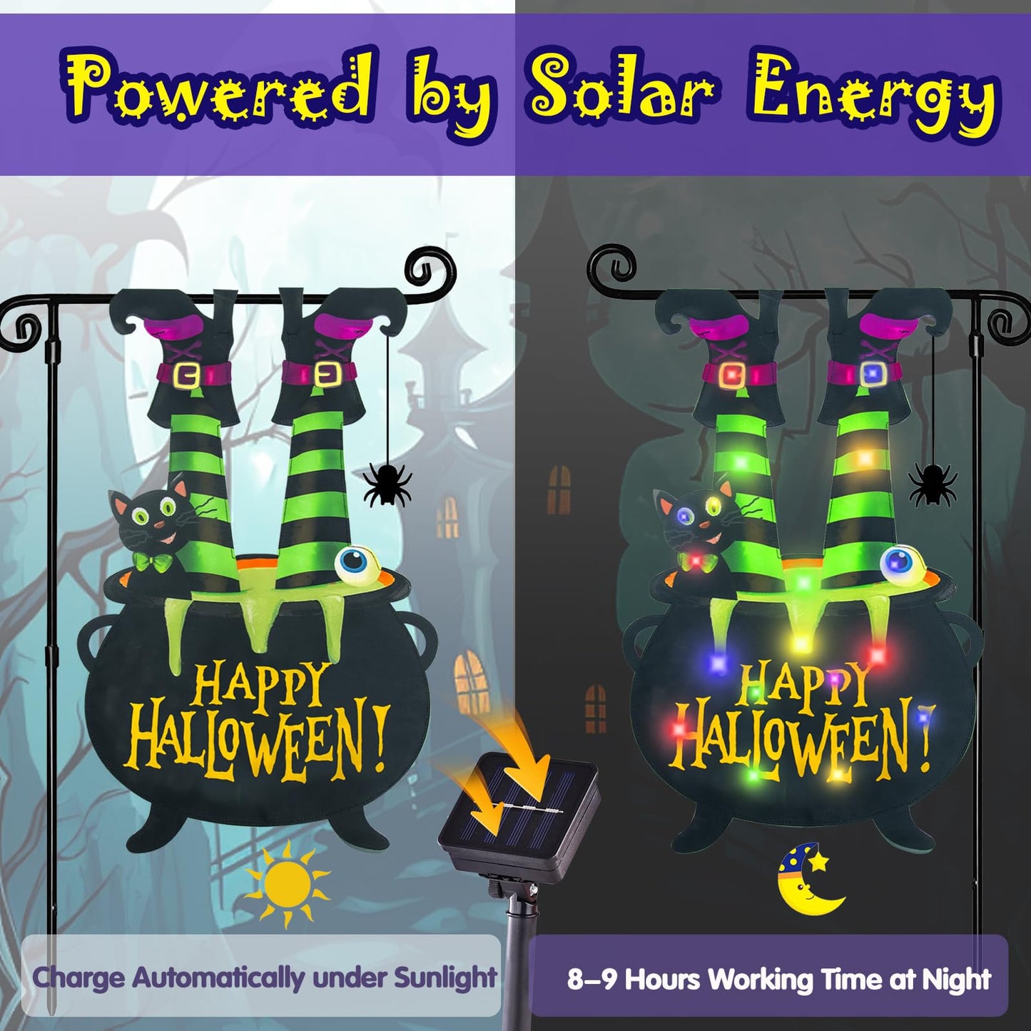 Halloween Lighted Garden Flag for Outside, Led Solar Yard Flag 8 Modes Witch Feet Shape Flag, 12x18 Double Sided Cauldron Eyeball Black Cat Decorations for Home Porch