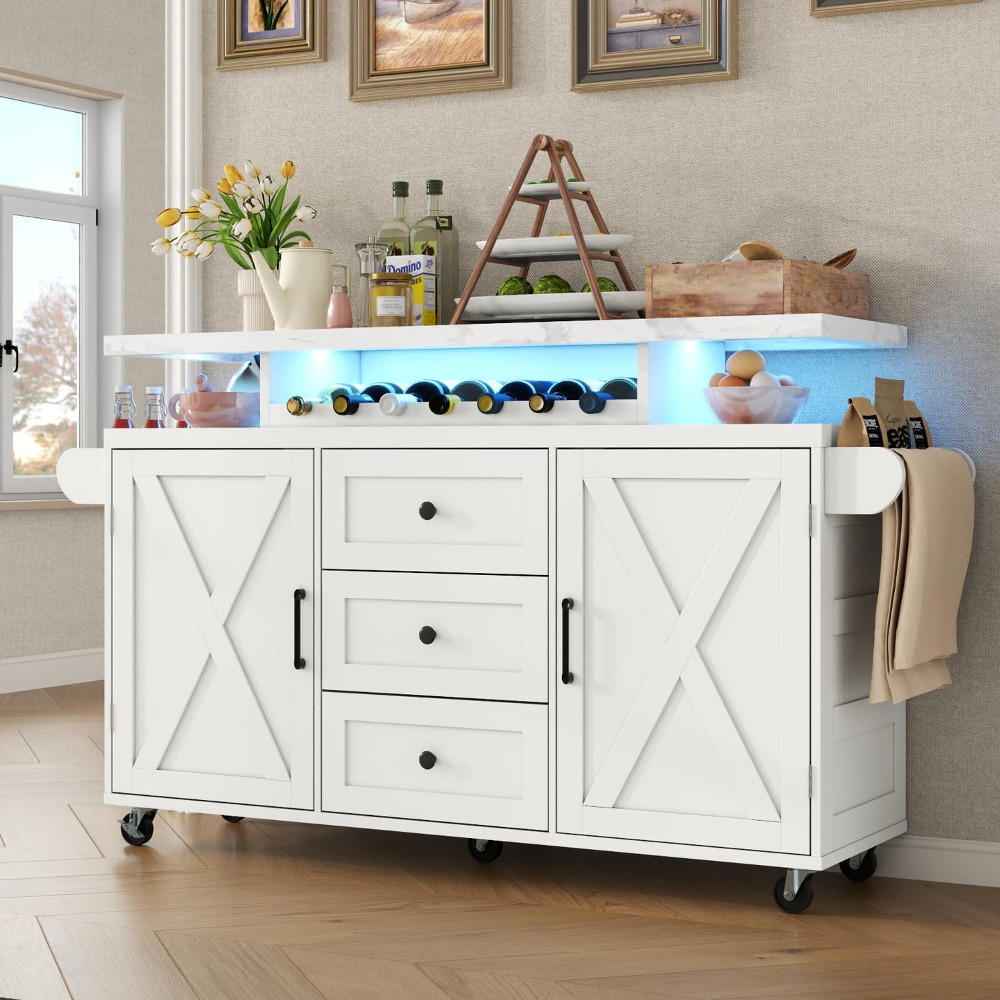 Rolling Kitchen Island Cart with Storage, Kitchen Island on Wheels with LED Lights & 3 Drawers, Side Table with Spice Rack & Towel Rack, Large Mobile Islands Table for Dining Room, White