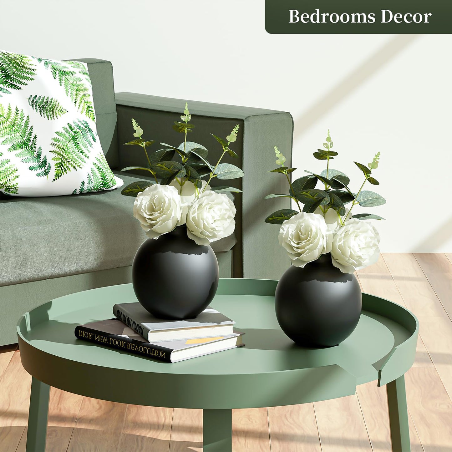 Nztze 2 pcs Artificial Plant Kit with Ceramic vase, Combination of Three White Roses and Greenery, Small Plant Potted Decor for Offices, Bookshelf, Bedroom, Living Room, Party, Wedding Decorations