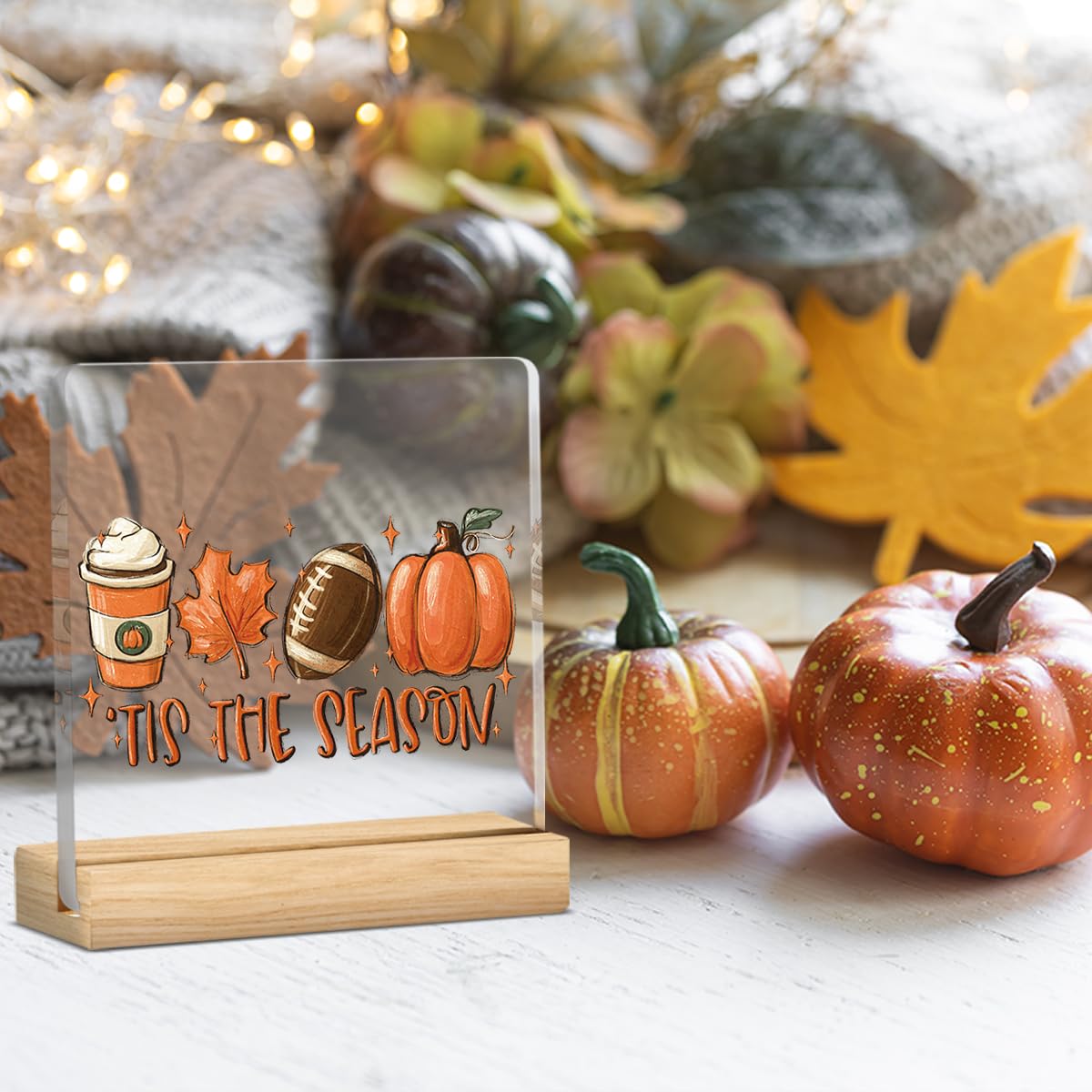 Tis the Season Fall Decor Retro Fall Decorations for Home Office Autumn Pumpkin Decorations Sign Rustic Thanksgiving Acrylic Decor for Table 5 x 5 inches