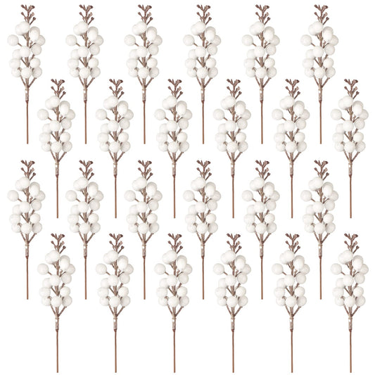Fangoo 24 Pack Glitter White Stems,Artificial Glitter White Berry Picks Holly Red Berries Branches Christmas Berry Stem Picks for Christmas Tree Wedding Holiday Season Winter Home Decoration(19 CM)