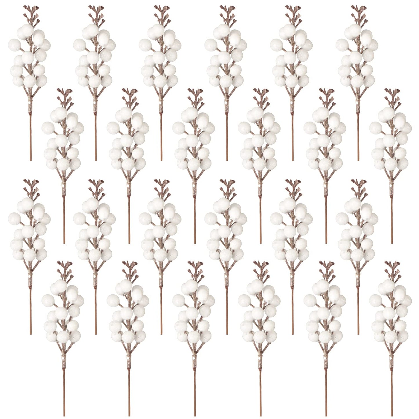 Fangoo 24 Pack Glitter White Stems,Artificial Glitter White Berry Picks Holly Red Berries Branches Christmas Berry Stem Picks for Christmas Tree Wedding Holiday Season Winter Home Decoration(19 CM)