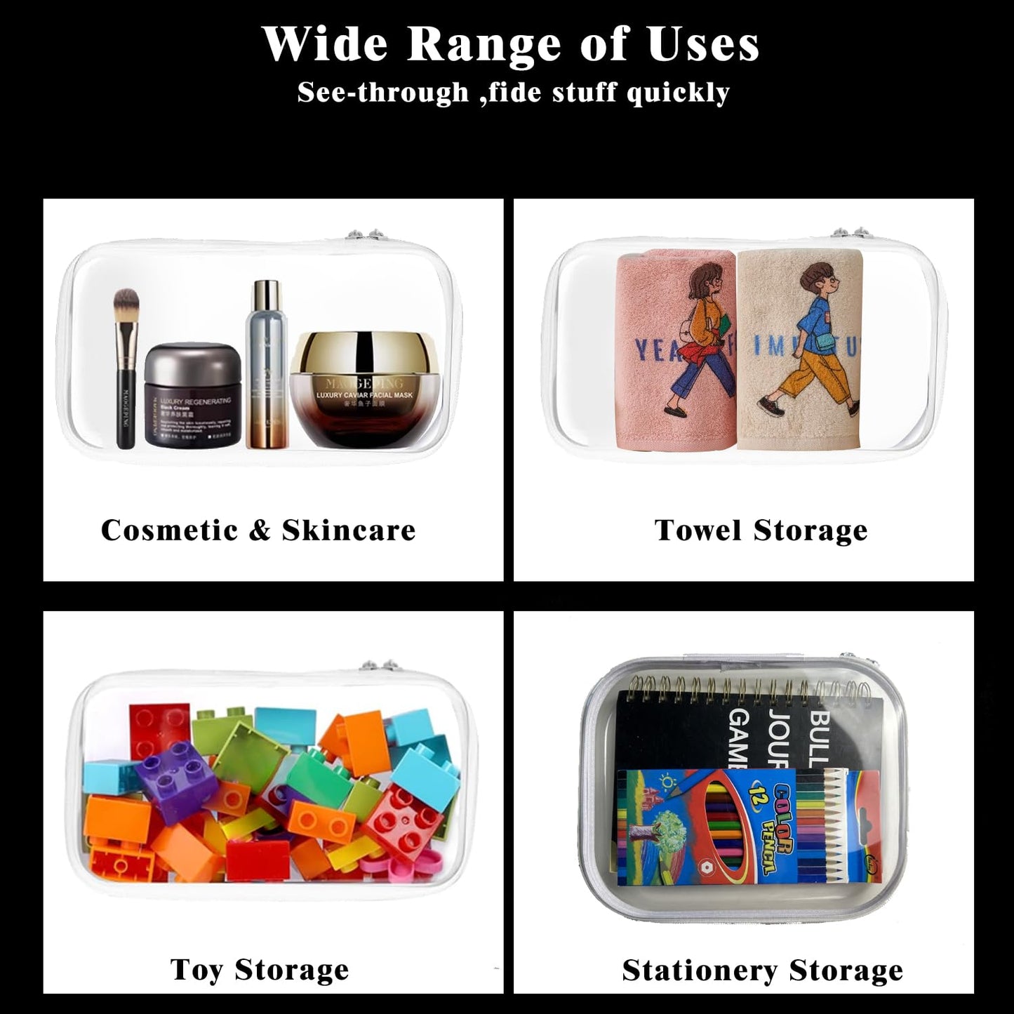 Nexorionar Clear Hard Shell Zipper Case, Zippered Pouch, Plastic Storage Containers for Small Toiletry Items, Toys, Building Blocks, Puzzles, Cosmetics & Stationery (Set of Large, Medium, Small)