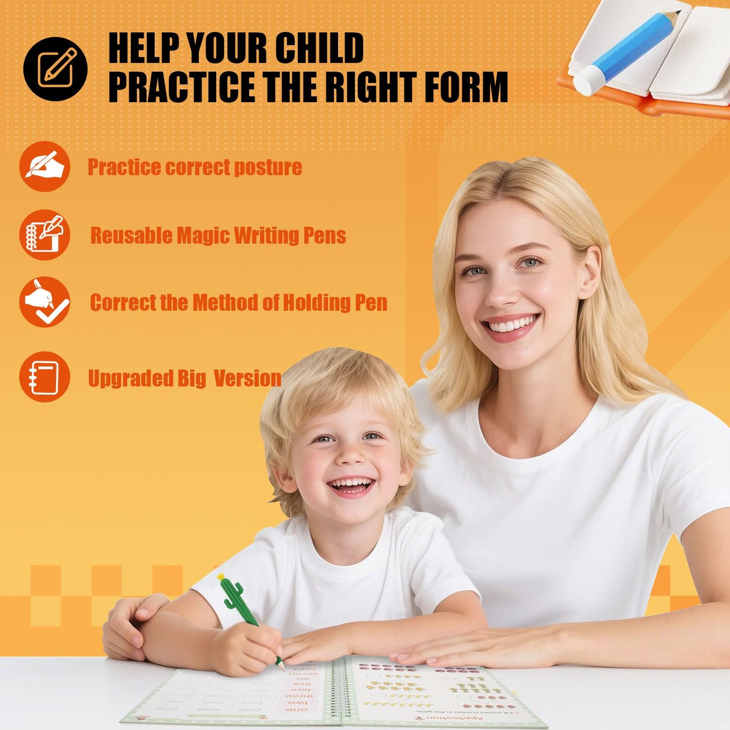 Upgraded Large Size Magic Practice Copybook for Kids, Reusable Grooved Handwriting Practice Book for Preschool Kids Age 3-8 Calligraphy with Catus Pens & Storage Bag (5PCS 7.3 * 10.3 inch)