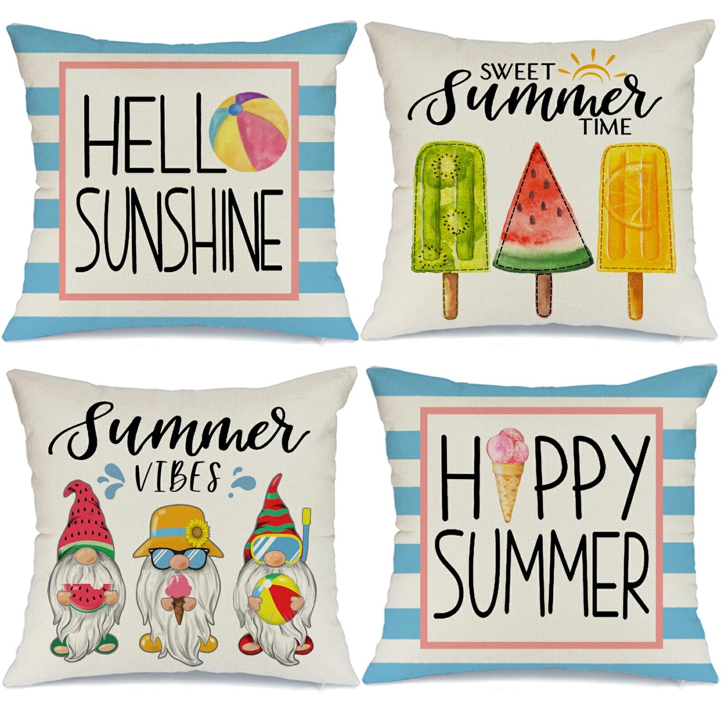 GEEORY Summer Pillow Covers 18x18 Inch Set of 4 Gnomes Popsicle Ice Cream Hello Sweet Summer Vibes Pillows Decorative Throw Pillows Summer Decorations Farmhouse Decor Cushion Case for Sofa Couch