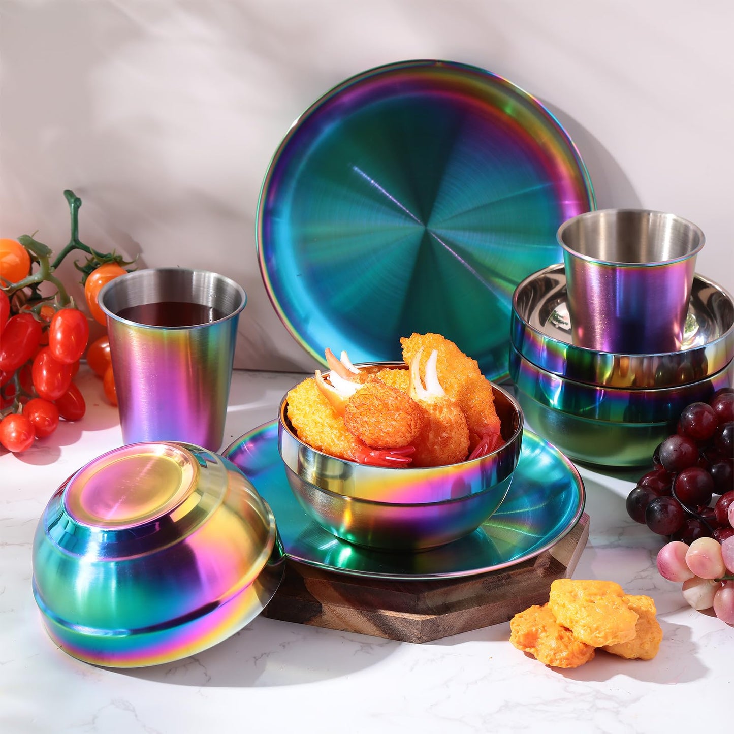 Layhit 30 Pcs Rainbow Stainless Steel Dinnerware Set Include Set of 10 Plates Bowls Cups Iridescent Cooking Tableware Reusable Metal Dishes Cutlery Bulk for Camping Picnic Kitchen Dessert Salad Dinner