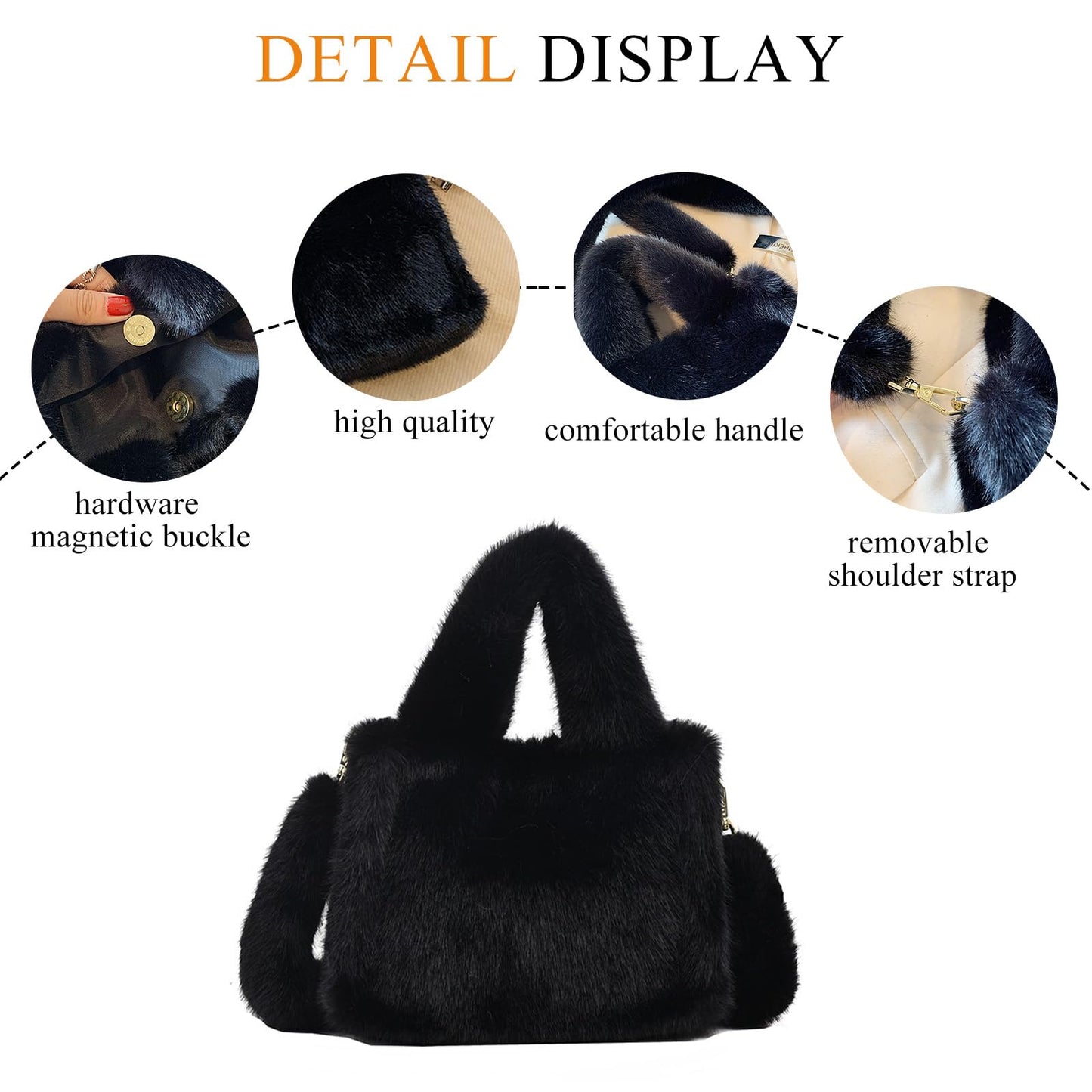 Extolove Fluffy Tote Bag Mini Faux Fur Purses for Women Winter Fuzzy Tote Soft Furry Crossbody Handbag Plush Bags (A Black)