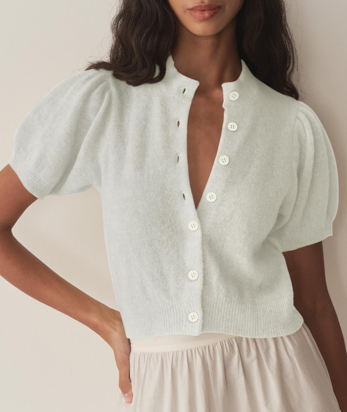 Short Sleeve Cardigan Sweater for Women Cropped Summer Lightweight Button Down y2k Knit Crop Cardigans White M