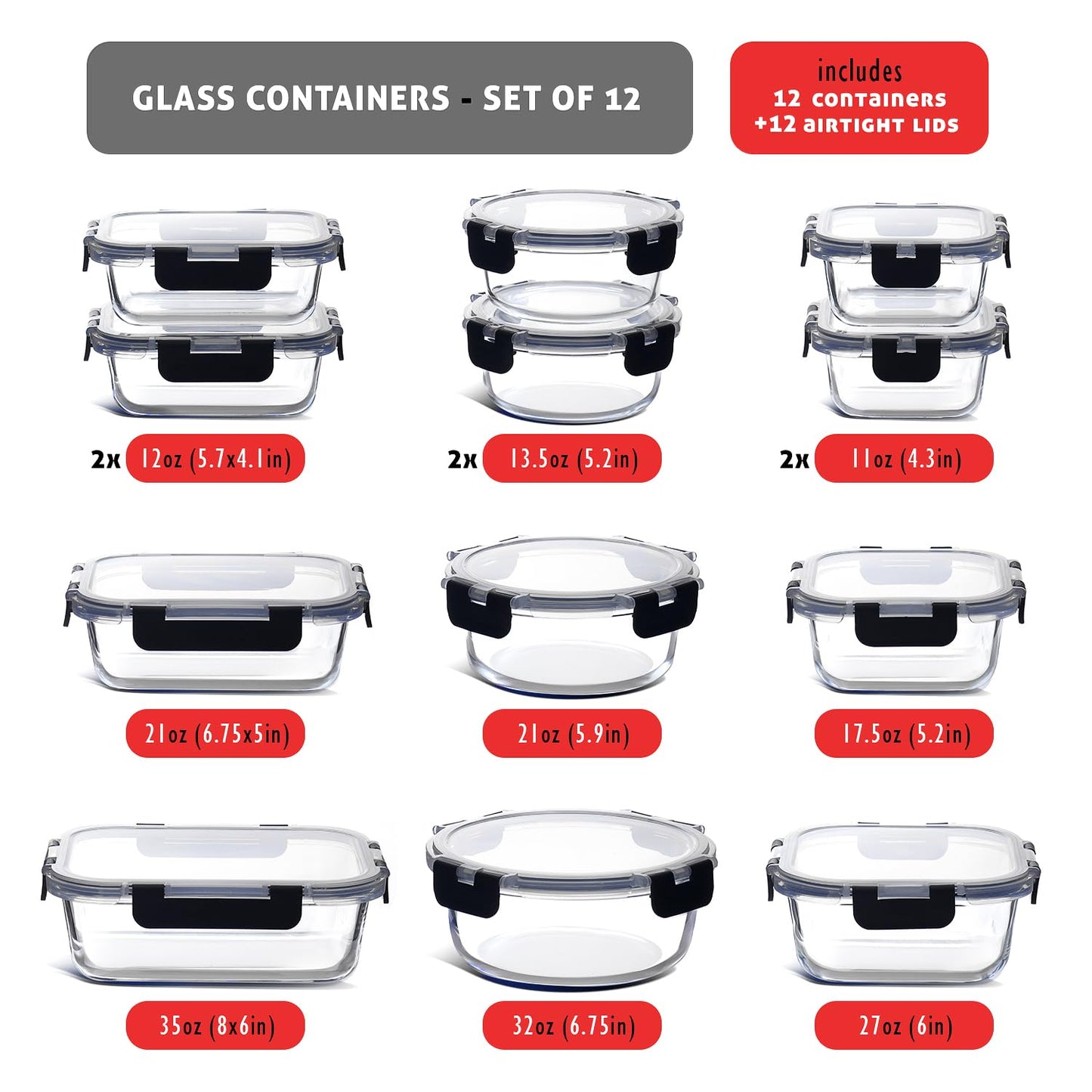 EATEX 24pc Glass Storage Containers with Lids, 12 Set Glass Food Storage Containers with 12 Airtight Lids, Pantry Kitchen Meal Prep Containers for Lunch, Freezer Storage Containers, Oven Safe