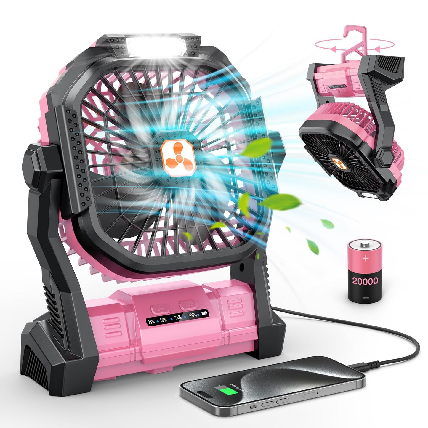 Portable Fan Rechargeable, 20000mAh Cordless Battery Powered Fan with LED Lantern, USB C Battery Operated for Travel Bedroom Home Camping Tent Office Beach Desk Fishing Table