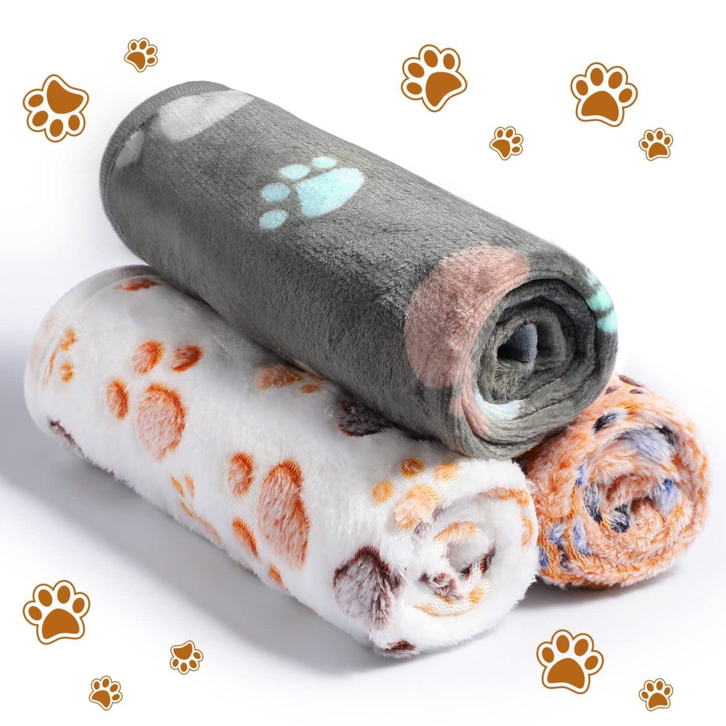 Tegeme 12 Pieces Pet Blanket Soft Fleece Dog Fluffy Doggie Warm Felt Throw Spring Cute Paw Print Puppy Kitten Sleep Mat Bed Covers for Cat(23 x 16 Inch,Dark Gray, White, Camel)