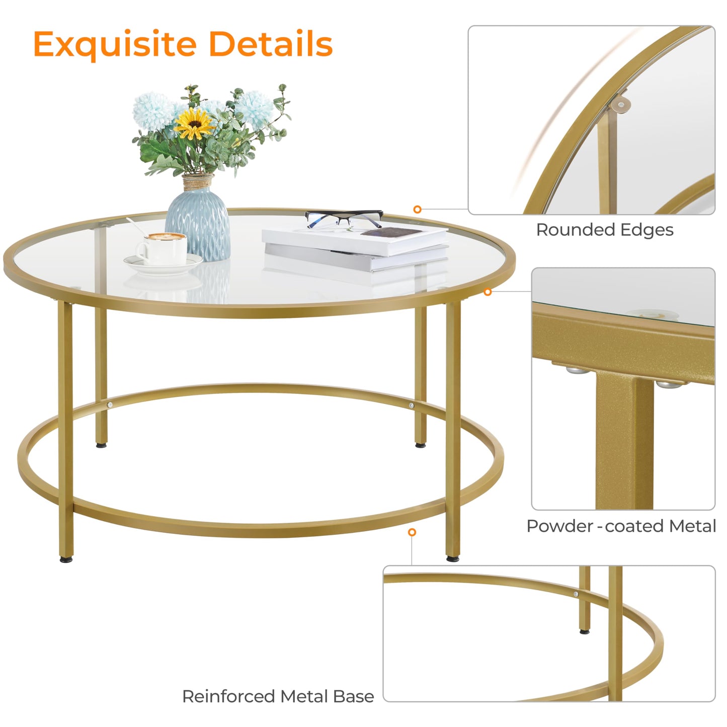 Yaheetech Gold Glass Coffee Table for Living Room, 36" Round Glass Coffee Table with Metal Frame, Circle Coffee Table for Home, Office, Apartment