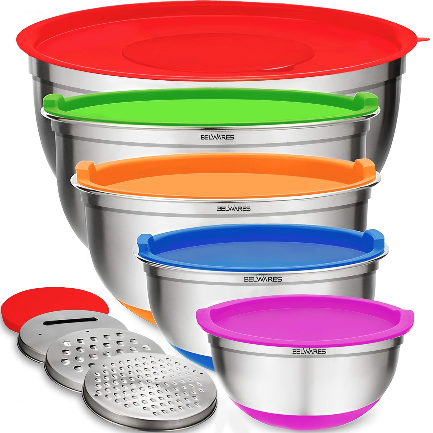 Belwares Mixing Bowls with Lids Set of 5 - Stainless Steel Nesting Bowls with Non-Slip Silicone Bottoms, Airtight Lids & 3 Grater Attachments Kitchen Baking Bowls for Food Prep & Storage (Colorful)