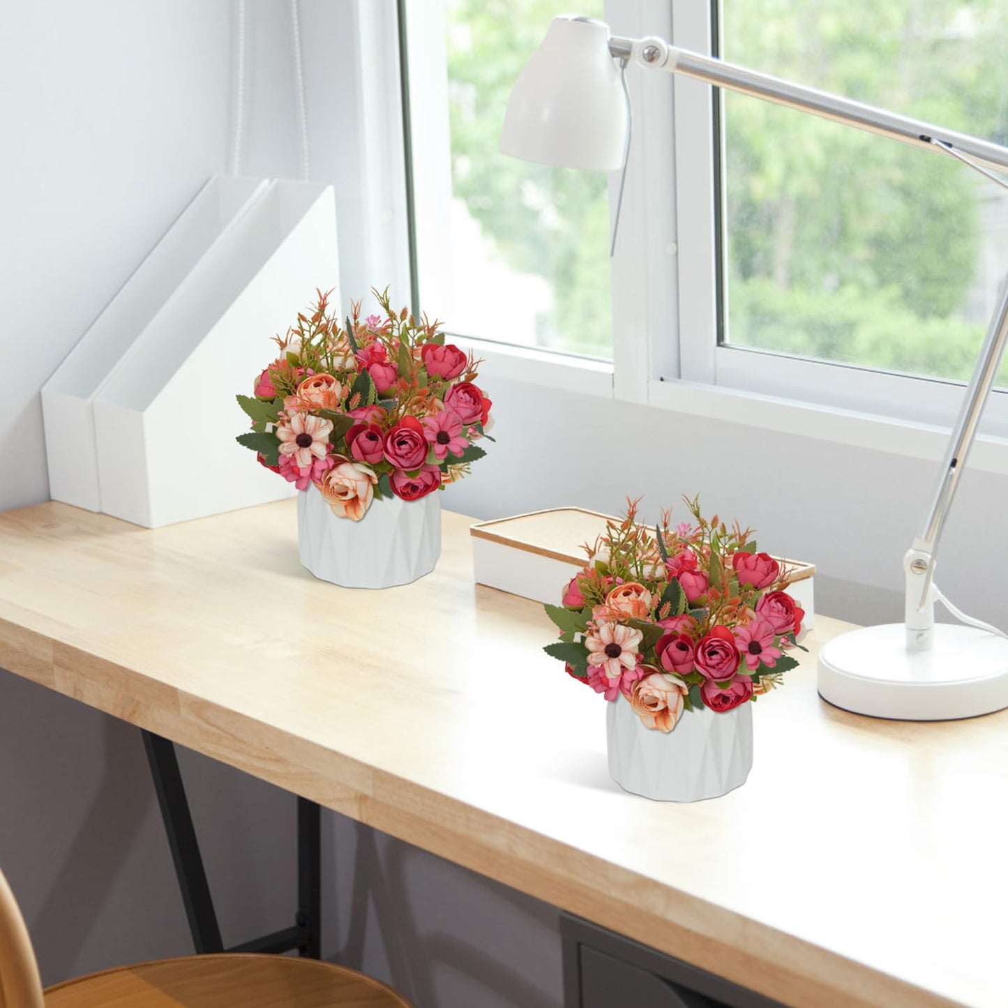 2 Pack Fake Flowers in Vase Small Artificial Faux Plants with Pot Indoor Summer Spring Decor Silk Rose Flowers for Centerpiece Table Decorations Home Office Desk Wedding Decor