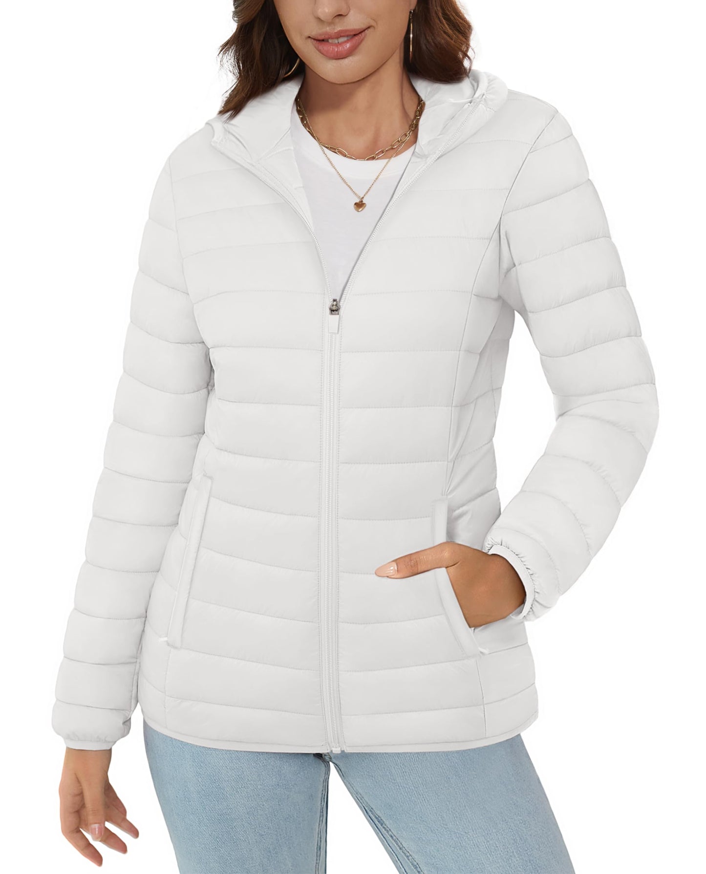 MAGCOMSEN Womens Puffer Jacket Hooded Lightweight Quilted Winter Long Sleeve Water-resistant Zip-up Coat with Inner Pocket, White M