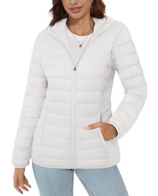 MAGCOMSEN Womens Puffer Jacket Hooded Lightweight Quilted Winter Long Sleeve Water-resistant Zip-up Coat with Inner Pocket, White M