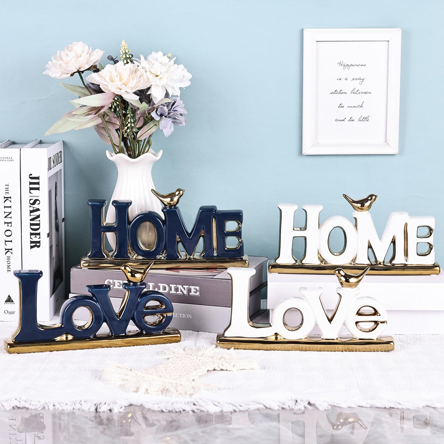 Love Sign Decor,White and Gold Room Decor Aesthetic, Knick Knack Shelf,Gold Bird Decor, Boho Bookshelf ,Abstract Gold Statue ,For Living Room,Bedroom, Contemporary Tv Stand Decor set of 2 (2, White)