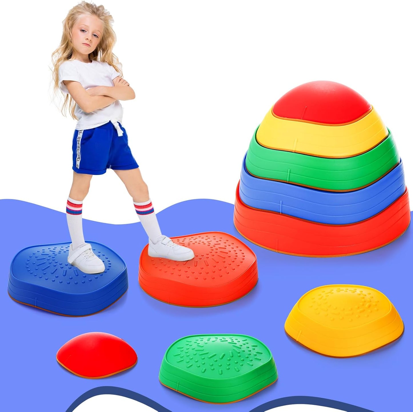 5 Pieces Balance Stepping Stones for Kids, Non-Slip Plastic Balance River Stones, Indoor Outdoor Exercise Blocks Promote Coordination, Balance, Skills Obstacle Courses Sensory Toys for Toddlers