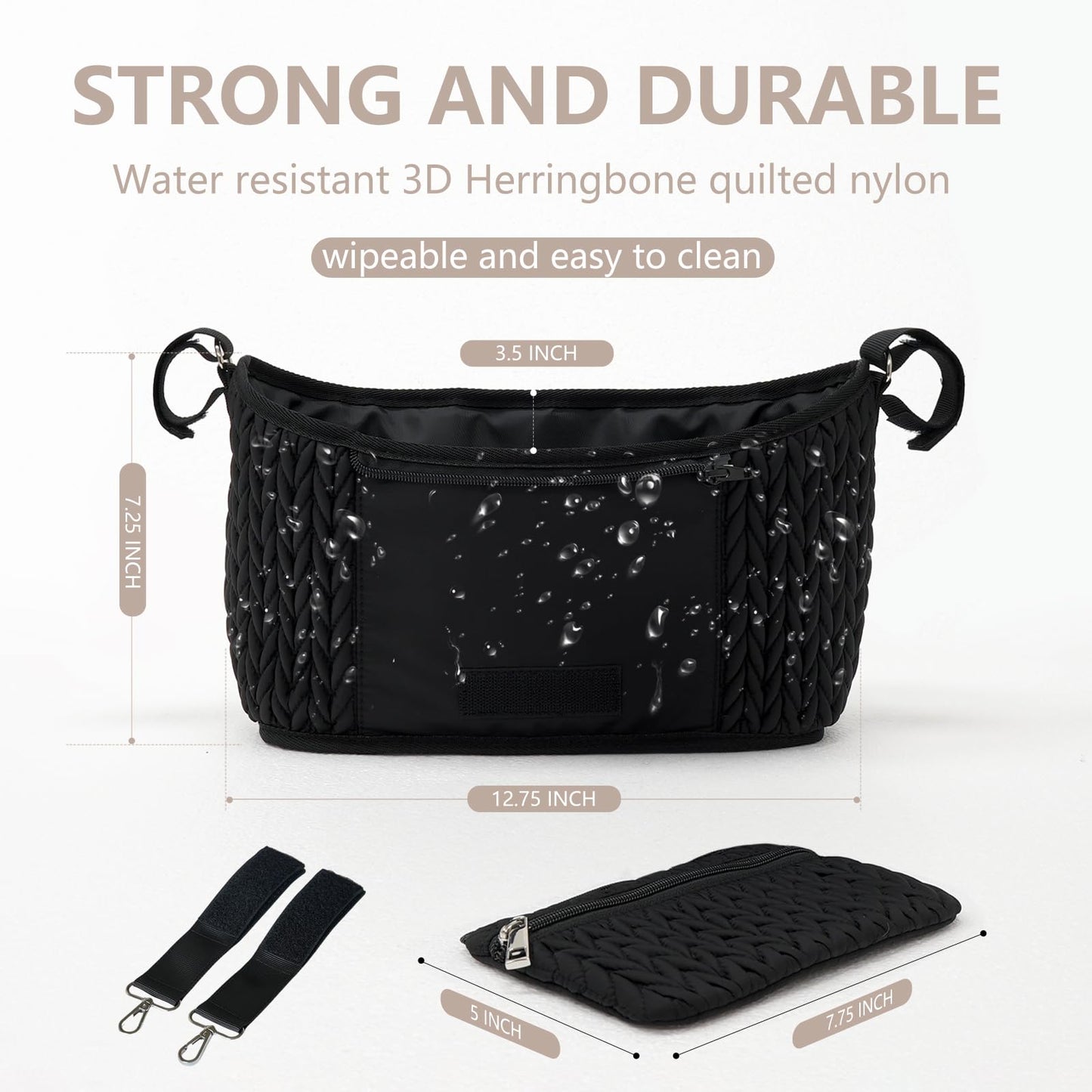 LUKJOJO Stroller Organizer - Stylish 3D Herringbone Quilting Nylon, Universal Fit, Detachable Bag, Adjustable Multi-Storage for Baby Essentials