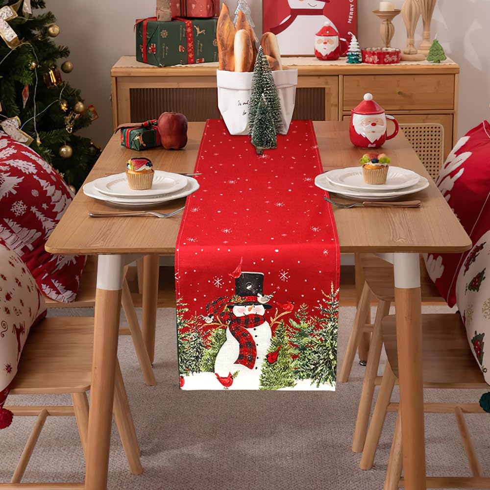 Christmas Table Runner, Christmas Decorations, Christmas Table Runners for Table, Snowman Trees Snowflakes Winter Table Runner Christmas Table Decorations for Christmas Holiday Home Decor, 13x72 Inch