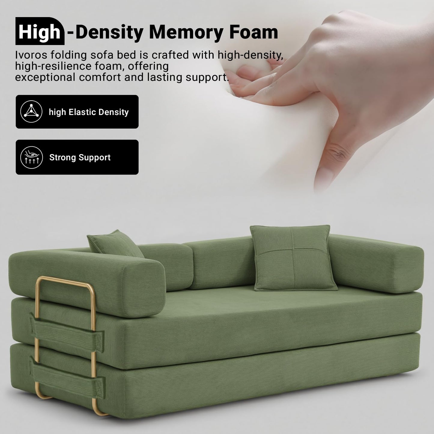 ivoros Folding Sofa Bed, Convertible Sleeper Sofa Bed with Gold Fixed-Shape Frame, Corduroy Floor Couch, Lazy Compression Sofa for Living Room, Bedroom, Home Theater, Green