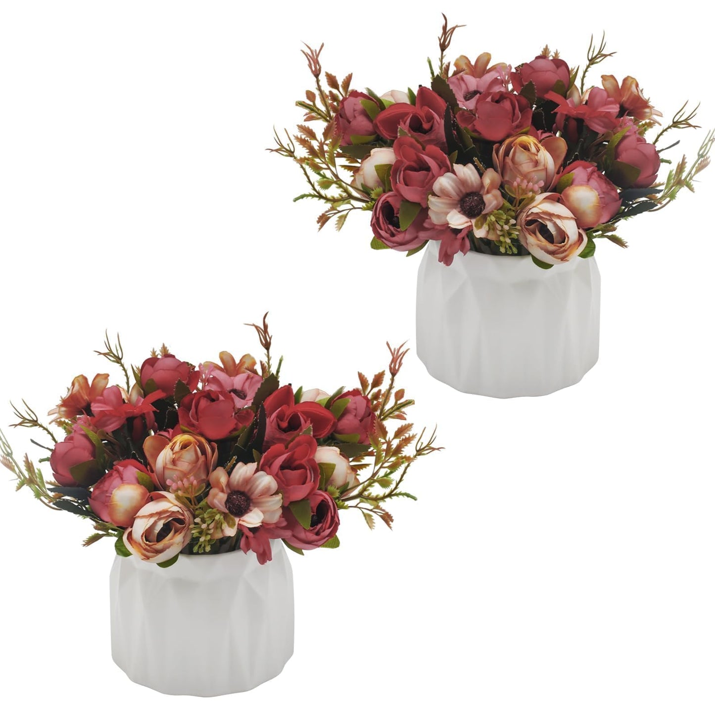 2 Pack Fake Flowers in Vase Small Artificial Faux Plants with Pot Indoor Summer Spring Decor Silk Rose Flowers for Centerpiece Table Decorations Home Office Desk Wedding Decor