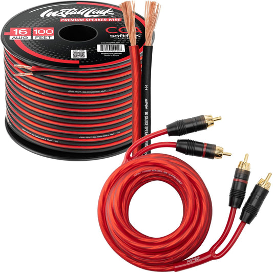 Install Link 16 AWG Gauge Speaker Wire Cable Stereo, Car or Home Theater, CCA (100 Feet) + 12ft, 2-Channel RCA Stereo Subwoofer Cable